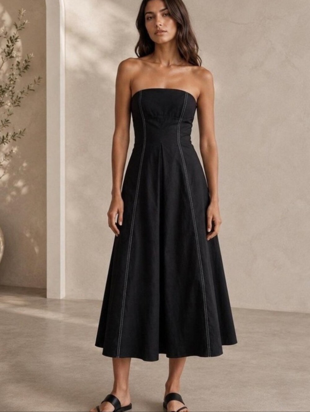 Mon Renn Linen Blens Strapless Black Midi Dress with Contrast Stitching Size M